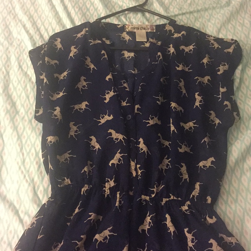 Dress with horses blue and beige